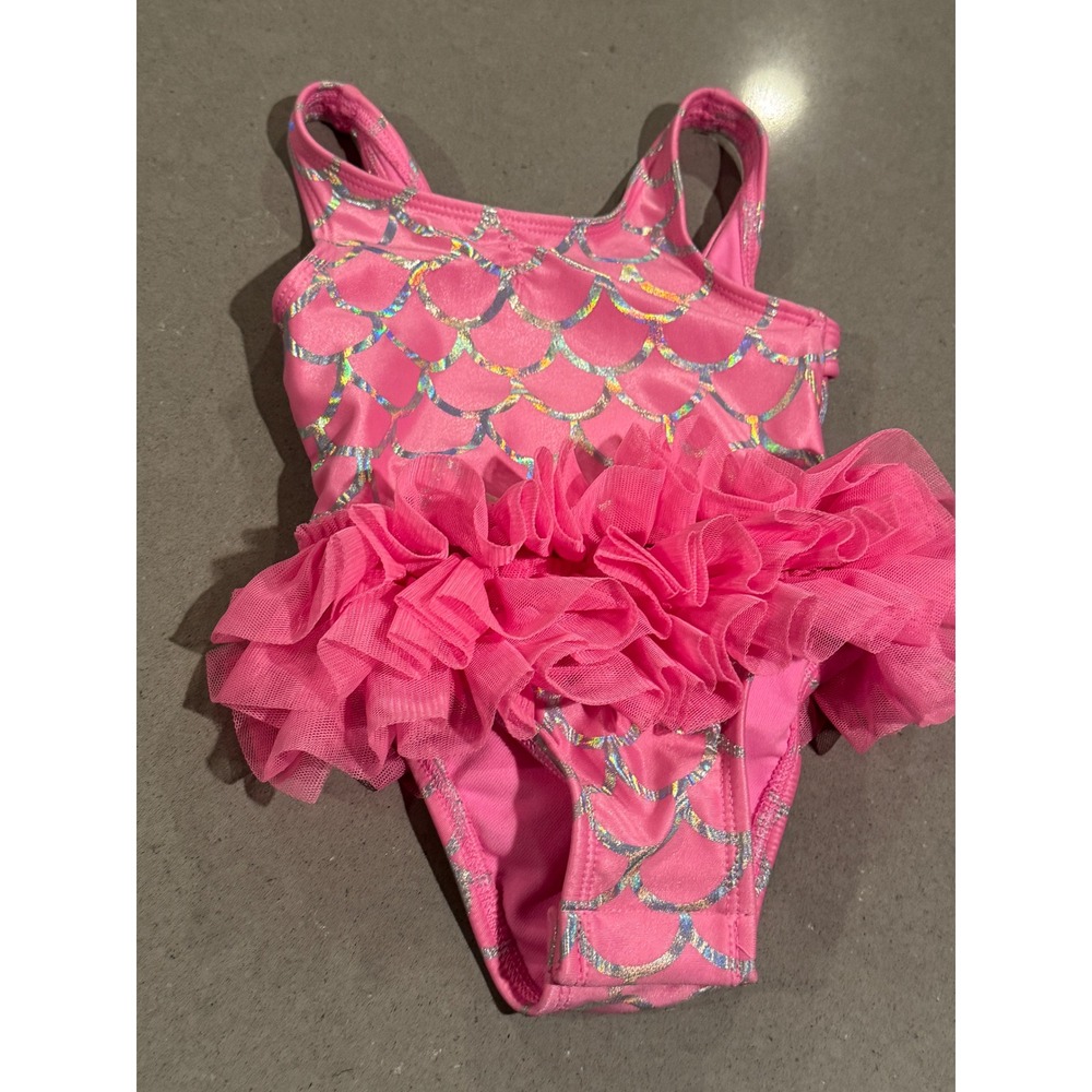 Girls Cat & Jack‎ Pink Mermaid Scale Ruffle Swimsuit 12M